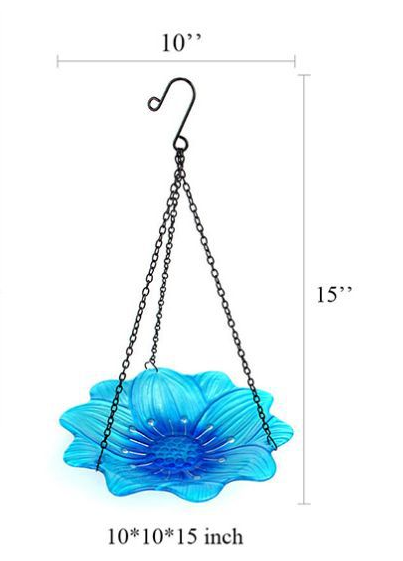 Blue Decorative Hanging Glass Flower Bird Bath - 10 Inch Vibrant Outdoor Garden Accent