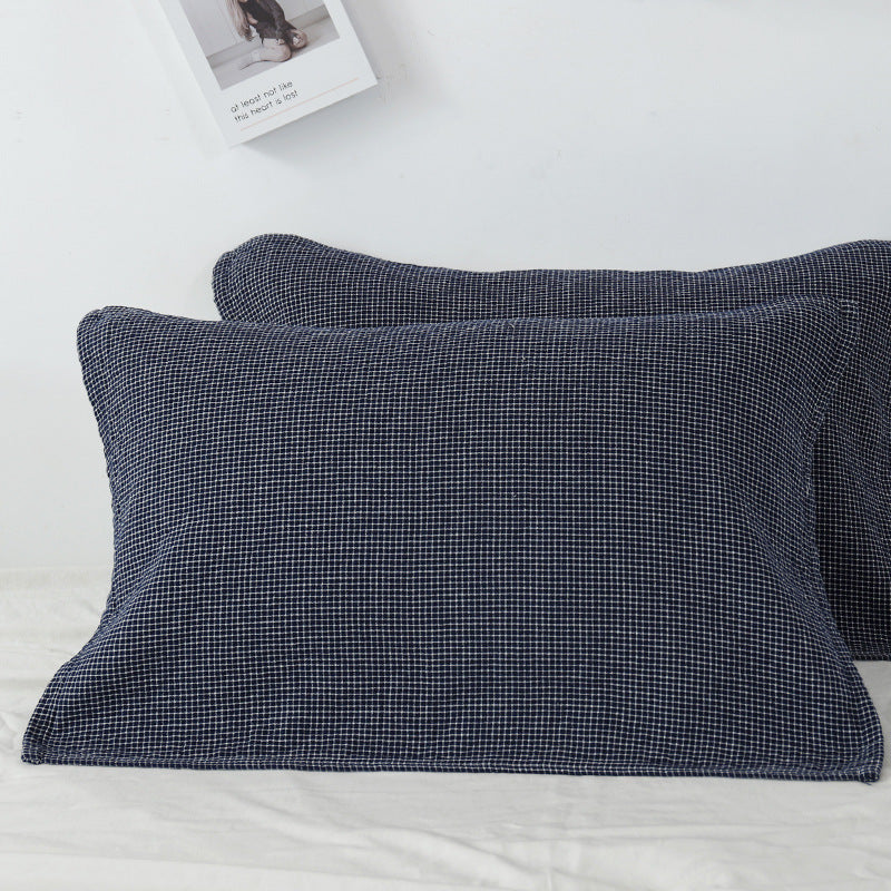 Dark Blue Breathable 4-Layer Cotton Gauze Pillow Towel Pair - Japanese Style Grid (52x75cm)