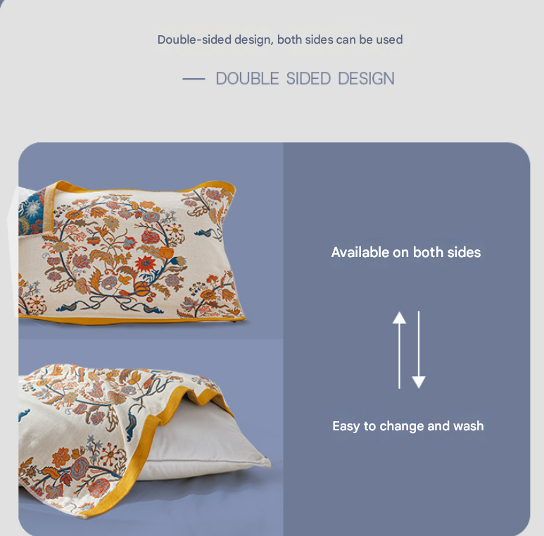 Single Blue Floral Pillow Towel Premium Cotton Gauze Pillow Towel Pair - Simple Nordic Style (52x75cm)