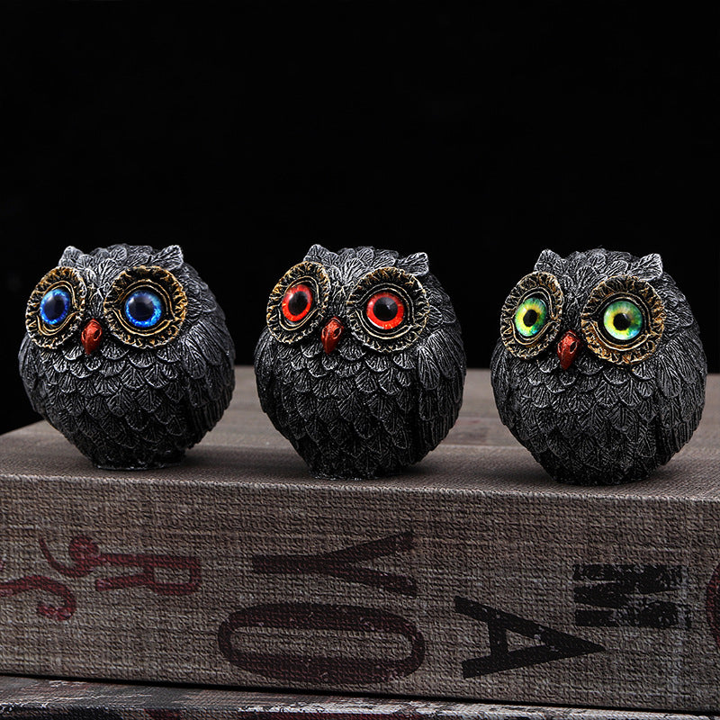 Set of Three Groups of Three Colors Small Decorative Resin Owl Figurine - Textured Statue with Blue Eyes(Blue, Green, Red)