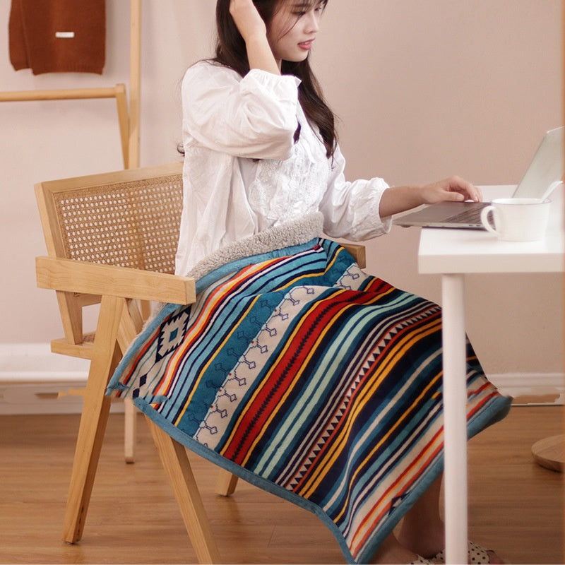 Double-Sided Geometric & Plush Throw Blanket - Warm 70x100cm Multi-Use Wrap(Color stripes/Back side light brown)