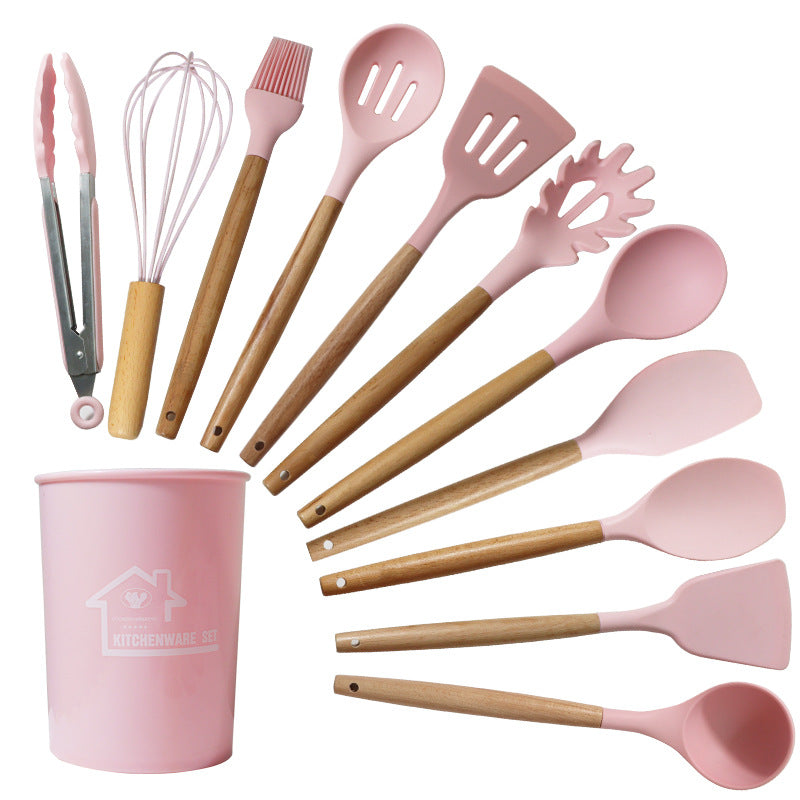 Pink 11-Piece Silicone Kitchen Utensil Set with Wooden Handles and Storage Bucket - Heat Resistant and Non-Stick