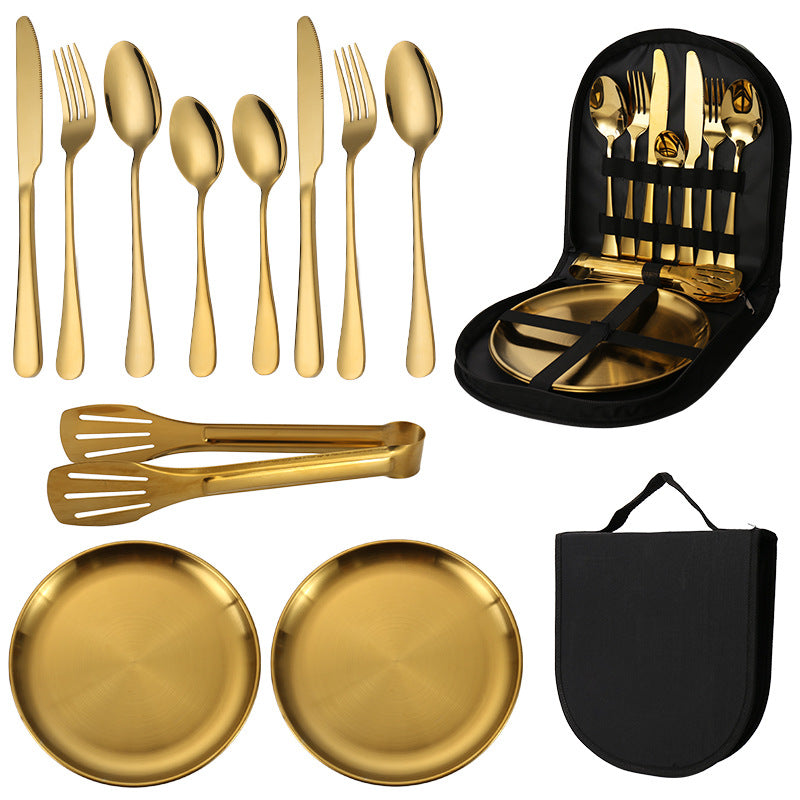 6-Piece Portable Stainless Steel Cutlery Set with Plate and Bag - Gold, Great for Camping and Travel (Teaspoon)