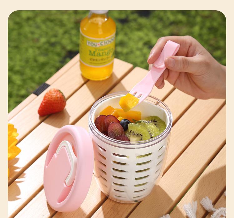 Purple Double Layer Salad Cup with Fork - Leak-proof Fruit Container, Drain Design, Portable Oatmeal and Picnic Jar