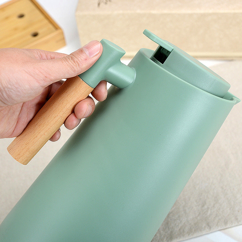 1000ml Black thermos bottle with wooden handle, double-layer glass liner coffee pot, suitable for hot and cold drinks