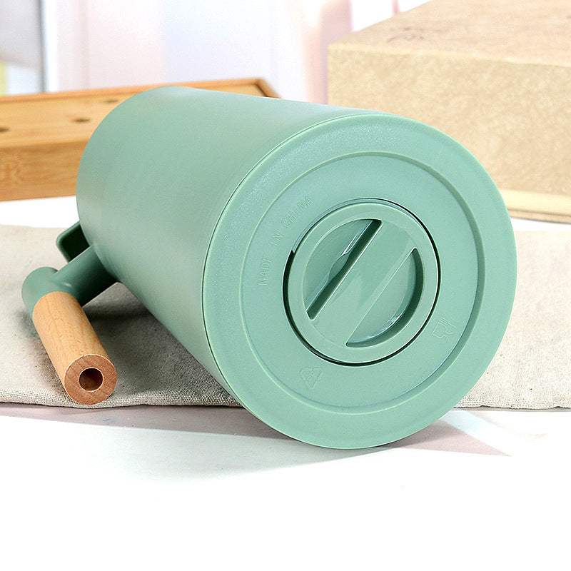 1000ml Black thermos bottle with wooden handle, double-layer glass liner coffee pot, suitable for hot and cold drinks