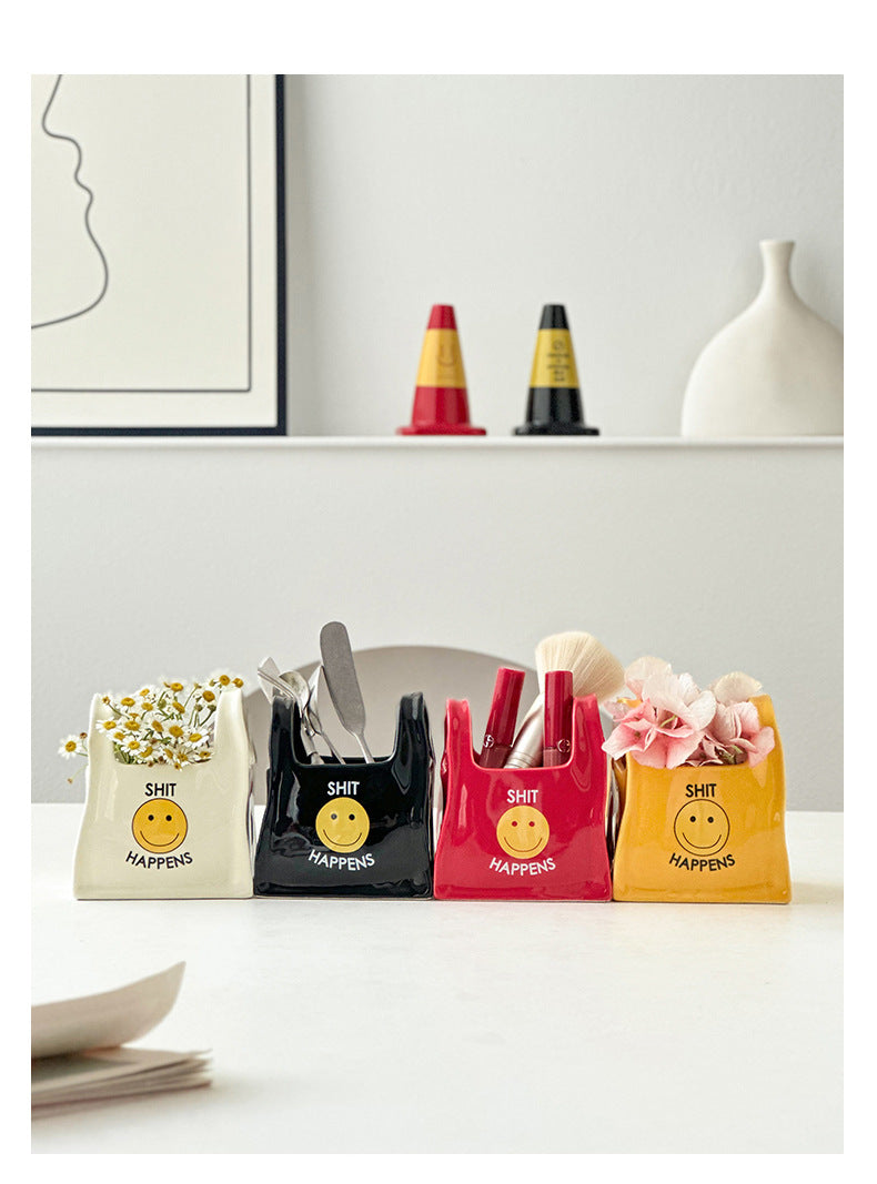 Red Ceramic Desktop Organizer - Cute Hand Shaped Pencil Holder and Makeup Brush Storage for Home and Office