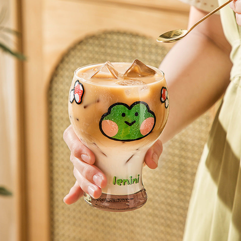 Mini Cartoon Glass Tumbler 400ml,Cute Beer and Juice Cup for Cold Drinks(Green frog)