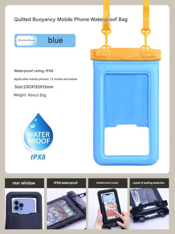 IPX8 Waterproof Phone Pouch with Inflatable Floating Layer,Touchscreen Dry Bag for Swimming(blue)