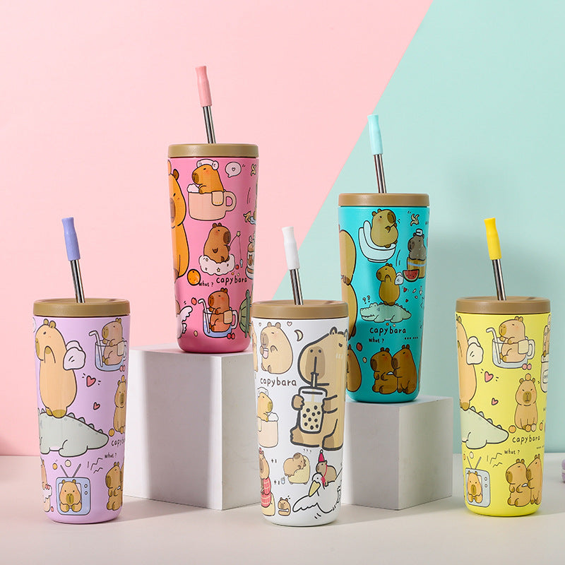 304 Stainless Steel Insulated Tumbler,Cartoon Design Portable Straw Cup for Home and Office(Lake blue)