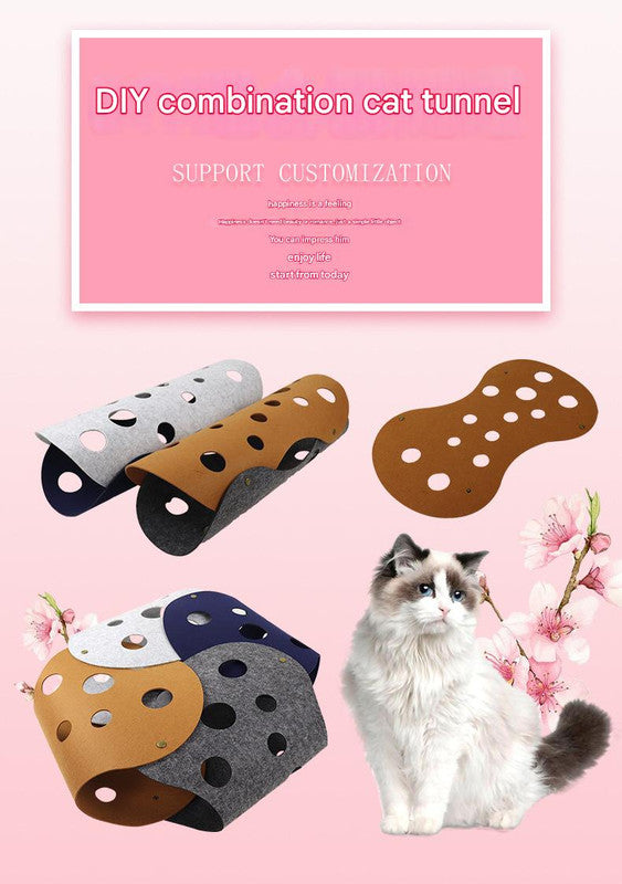 DIY Felt Cat Tunnel - Foldable Egg Roll-Shaped Pet Toy with Multiple Holes(Brown+Yellow)