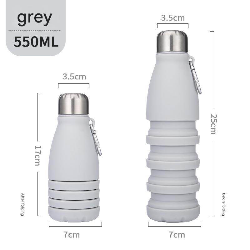 Gray Collapsible Silicone Water Bottle - Portable Sports Hydration Flask with Carabiner, 550ml/300ml