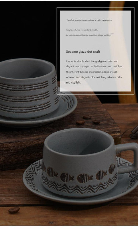 Vintage Ceramic Coffee Cup and Saucer Set - Elegant Afternoon Tea Set(Wave Fish White)