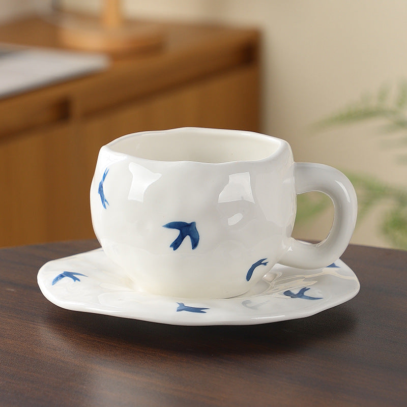 Hand-Painted Ceramic Coffee Cup and Saucer Set - Vintage Afternoon Tea(Swallow)