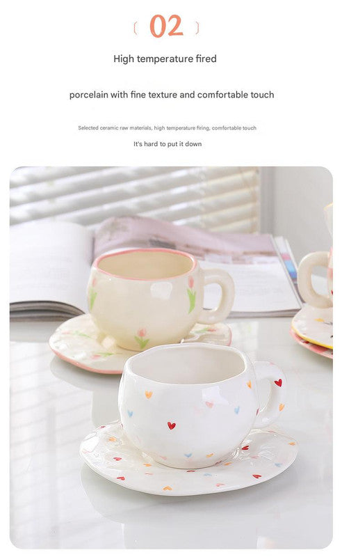 Hand-Painted Ceramic Coffee Cup and Saucer Set - Vintage Afternoon Tea(Red small florals)
