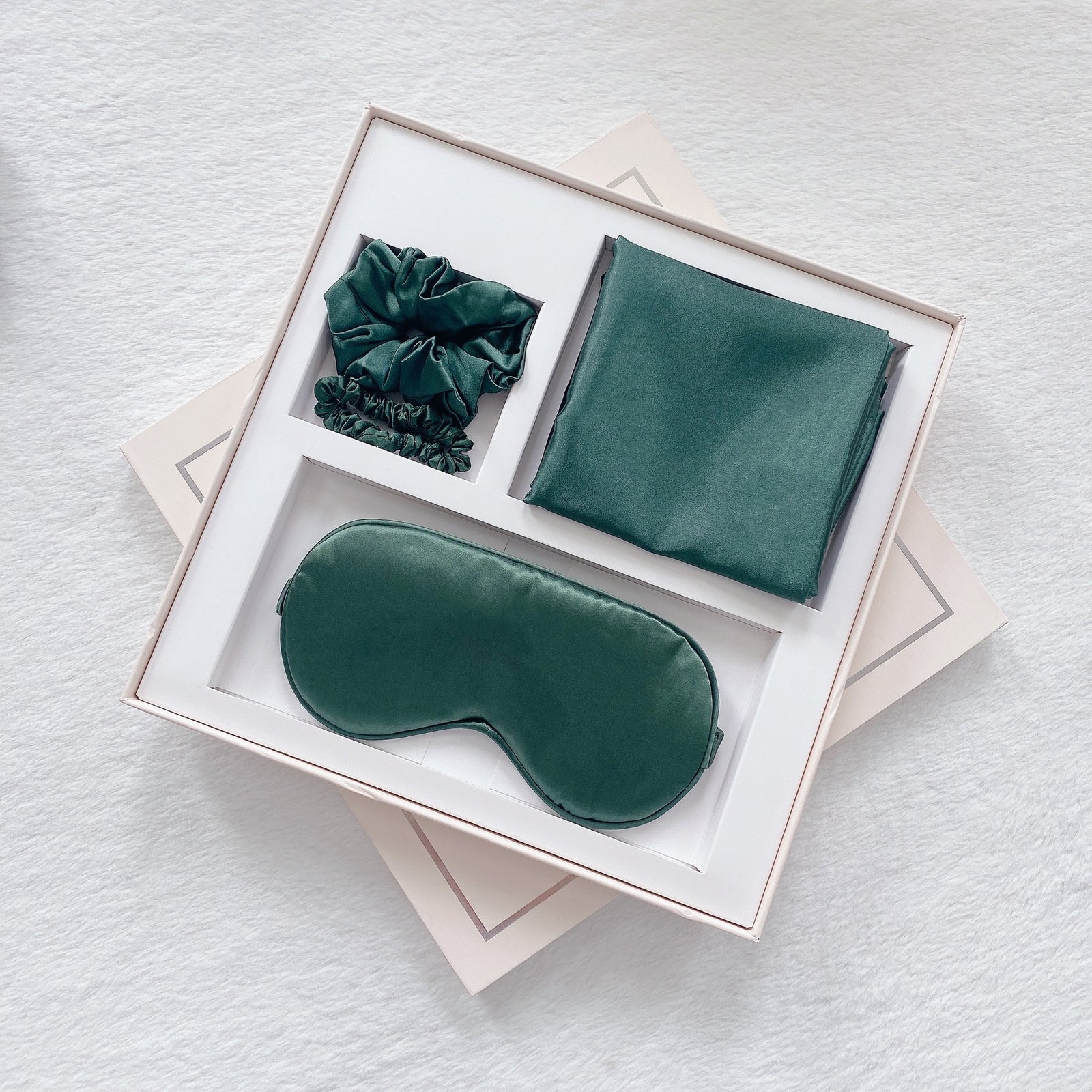 Luxury Satin Sleep Mask Gift Set,4-Piece with Pillowcase and Hair Accessories(Dark green)