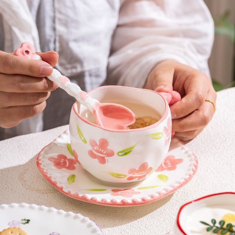 Hand-Painted Ceramic Coffee Mug and Saucer Set - Whimsical Afternoon Tea Cup with Spoon(White cloud-pink)