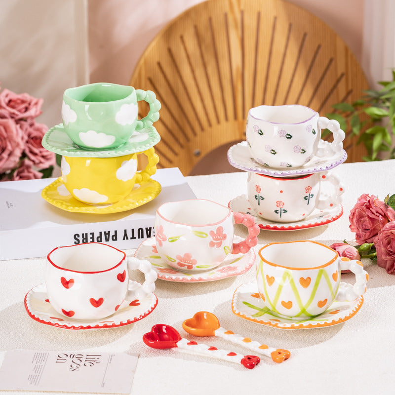 Hand-Painted Ceramic Coffee Mug and Saucer Set - Whimsical Afternoon Tea Cup with Spoon(Black-edged bow)