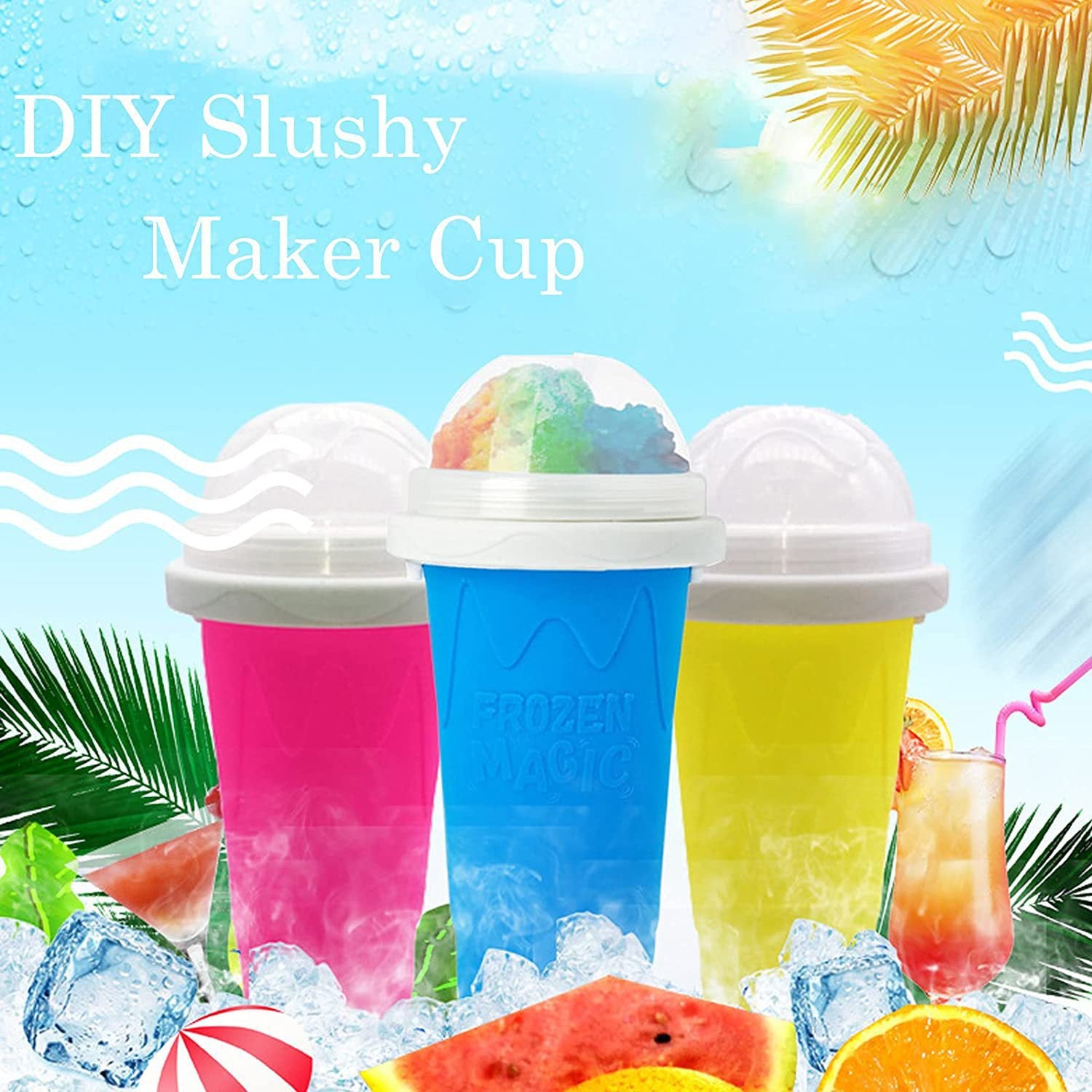 DIY Frozen Magic Slushy Maker Cup - Quick Squeeze Smoothie Cup with Lid & Straw/Spoon(Green)
