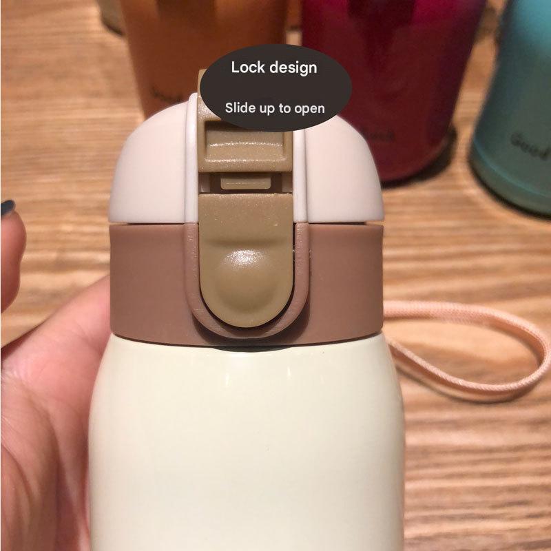 Good Luck" Mini Stainless Steel Thermos Flask - 350ml Leakproof Insulated Bottle with Pop-Up Lid & Strap(white)"