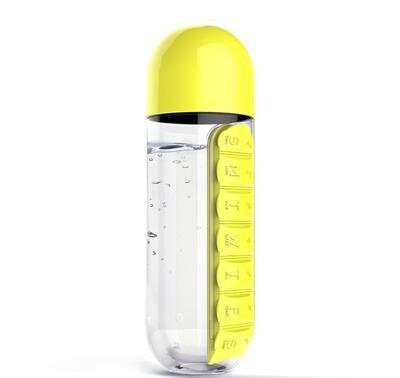 2pc 2-in-1 Water Bottle with 7-Day Pill Organizer - 600ml BPA-Free, Portable & Leakproof(Yellow)
