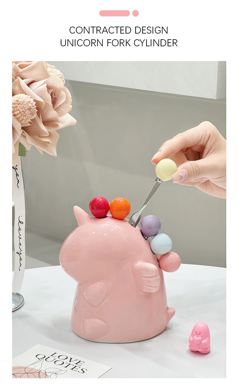 Adorable Unicorn Ceramic Fruit Fork Holder Set - Includes Stainless Steel Forks with Ball Tops(yellow)