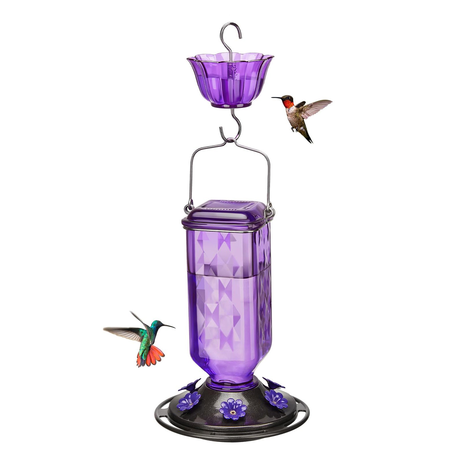 Elegant Hanging Hummingbird Feeder - Decorative Glass Nectar Bottle with Ant Moat, 6 Feeding Ports(Purple)