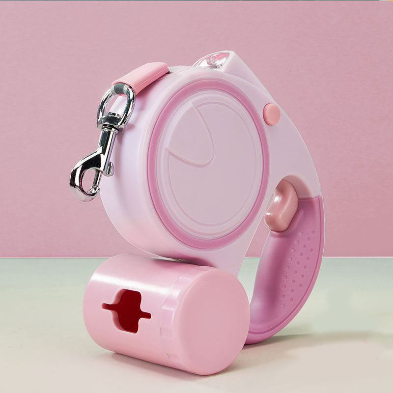Pink 3M Retractable Dog Leash - Built-in LED Light (No Batteries) and Bag Holder