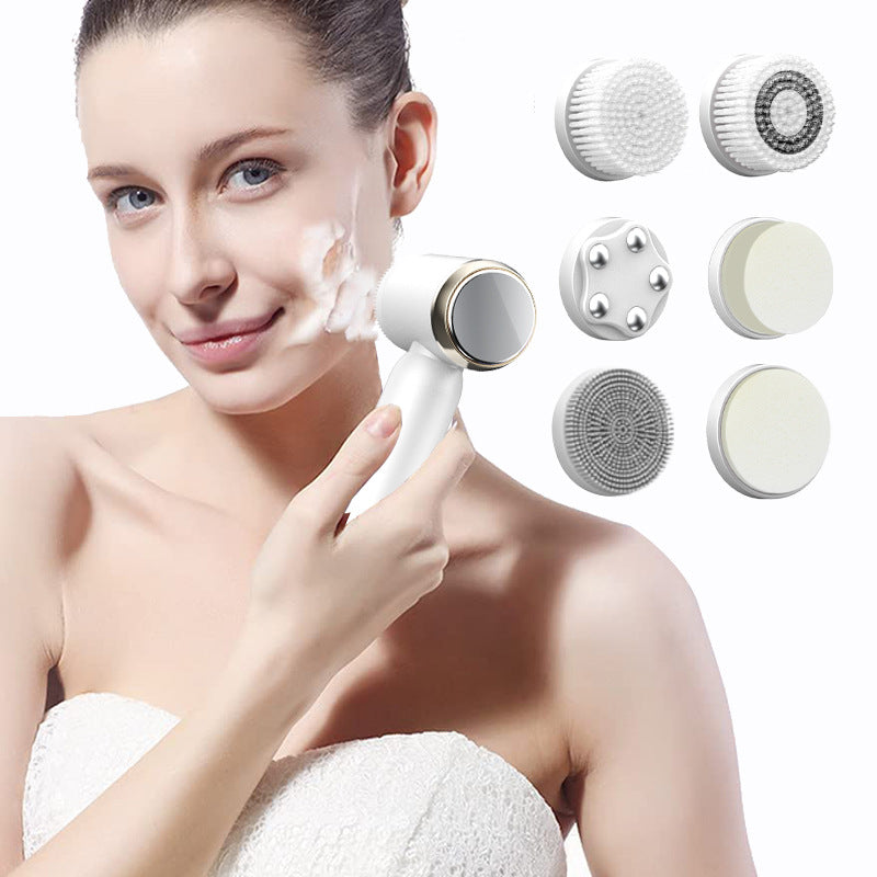 White 6-in-1 Electric Facial Cleansing Brush Set - Rechargeable & Waterproof