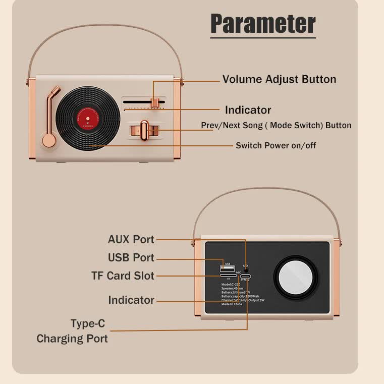 Pink Retro Record Player Style Bluetooth Speaker - Portable Wireless Turntable Design Audio