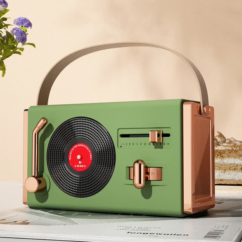 Green Retro Record Player Style Bluetooth Speaker - Portable Wireless Turntable Design Audio