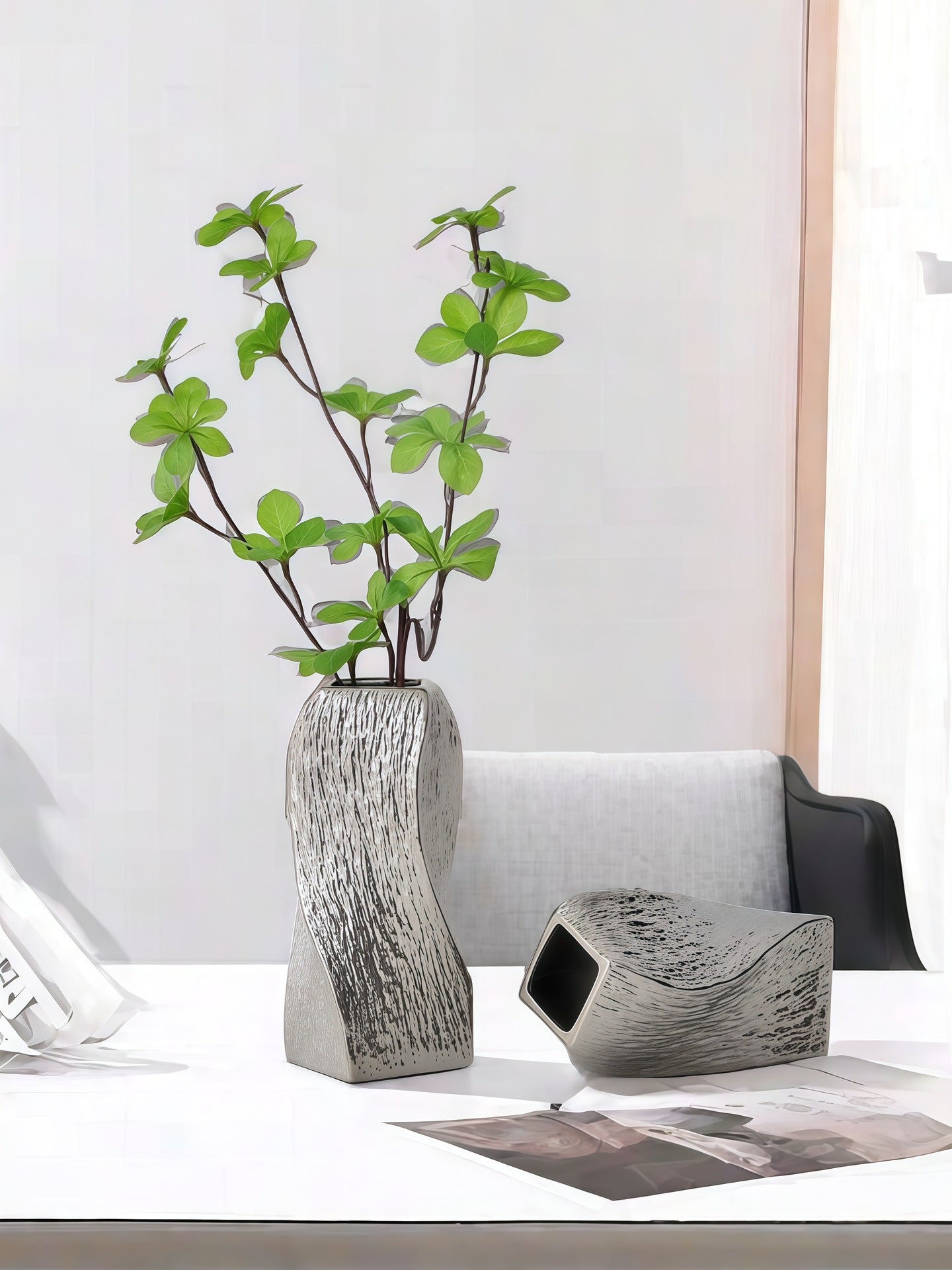 Silver Abstract Twisted Ceramic Vase - Artistic Minimalist Flower Holder for Home Decor (20x10x10cm)