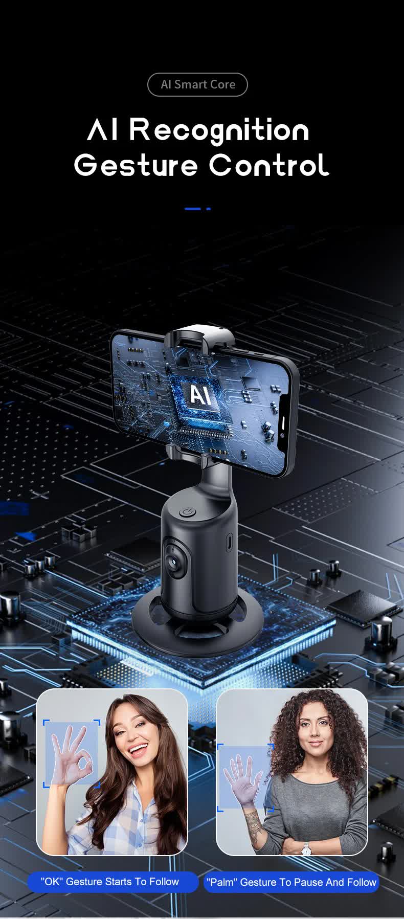 Black AI Smart Auto Tracking Phone Holder - 360° Rotation Face & Body Tracking Mount