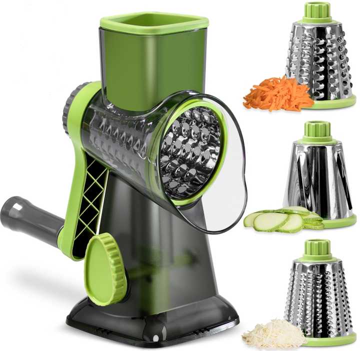 Green Rotary Cheese Grater & Vegetable Slicer - Manual Shredder with 3 Interchangeable Drums