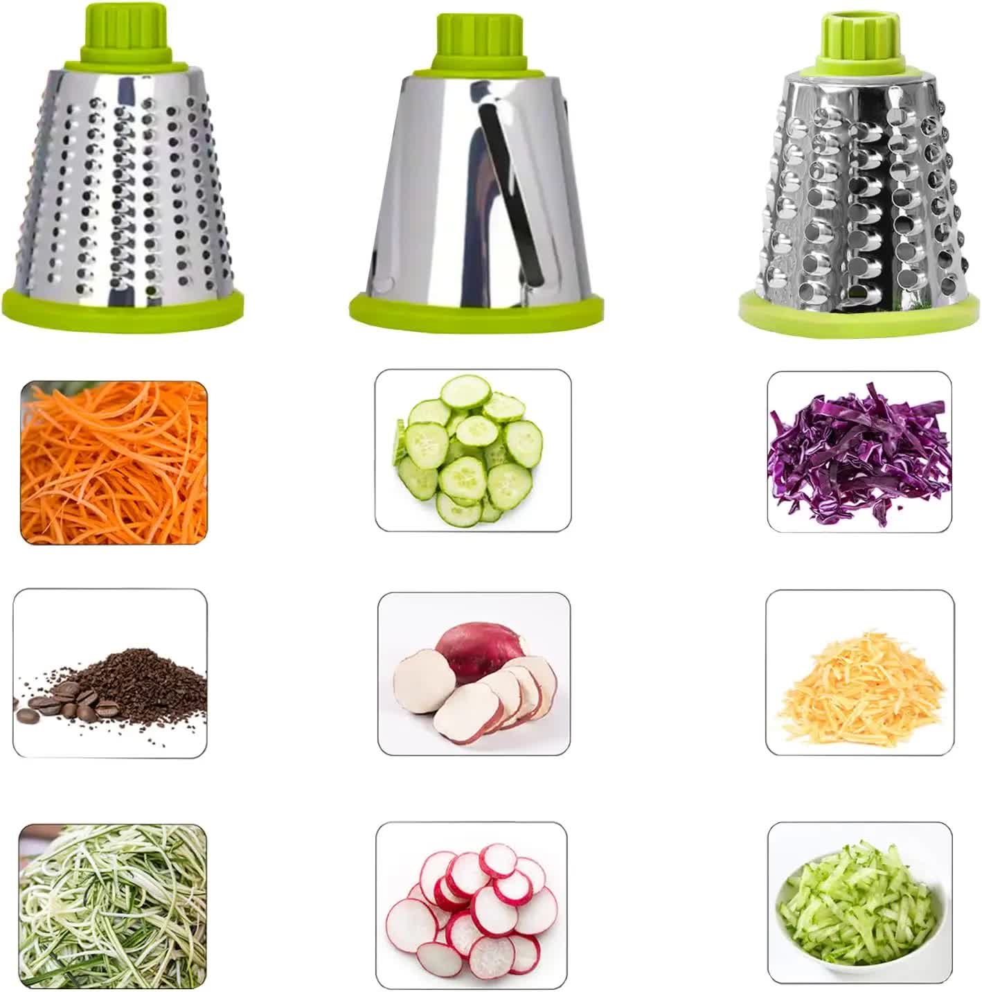 Green Rotary Cheese Grater & Vegetable Slicer - Manual Shredder with 3 Interchangeable Drums