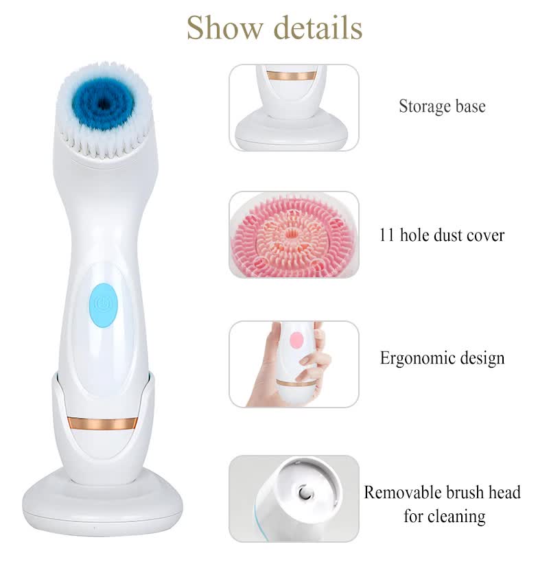 Pink Waterproof Facial Cleansing Spin Brush Set - Rechargeable with 3 Heads & Charging Stand
