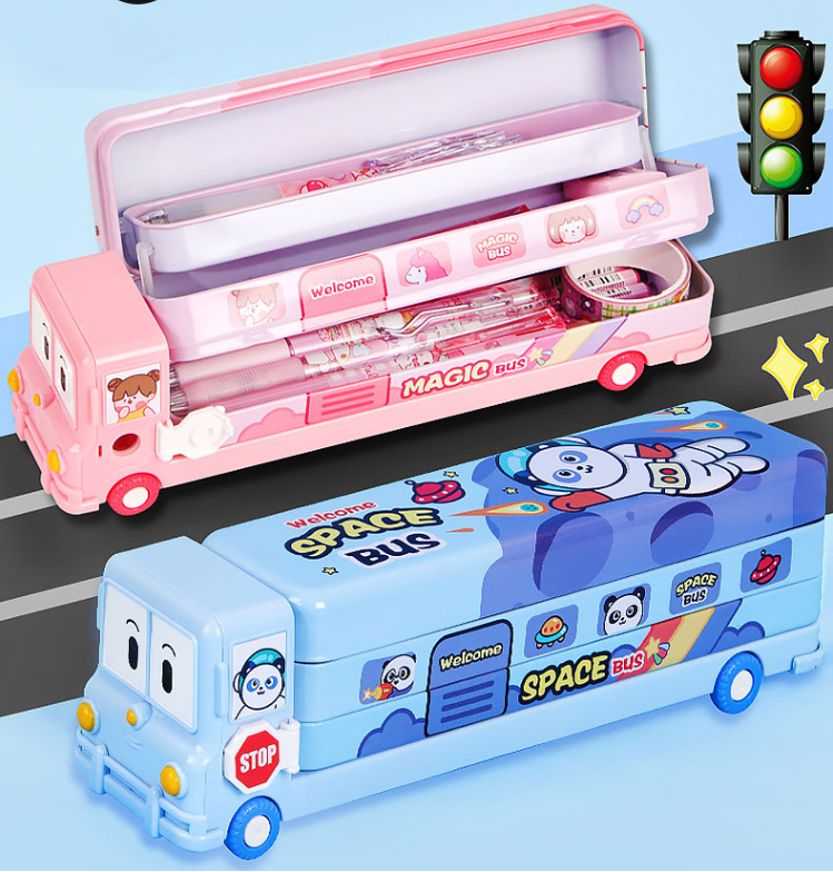 2-pcs (One pink and one blue) Fun School Bus Pencil Box with Built-in Sharpener - 3 Layer Large Capacity Stationery Box for Kids