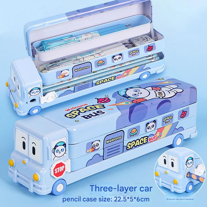 2-pcs (One pink and one blue) Fun School Bus Pencil Box with Built-in Sharpener - 3 Layer Large Capacity Stationery Box for Kids
