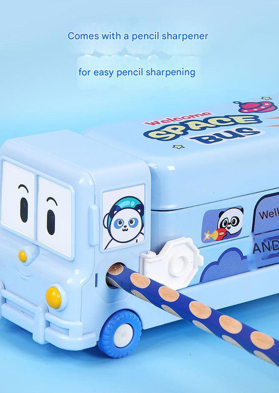 2-pcs (One pink and one blue) Fun School Bus Pencil Box with Built-in Sharpener - 3 Layer Large Capacity Stationery Box for Kids