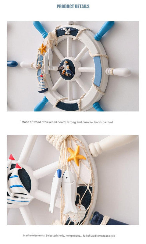 Nautical Wooden Rudder Wall Decor - 34cm Coastal Home Decor Accent (Light blue pull net rudder)