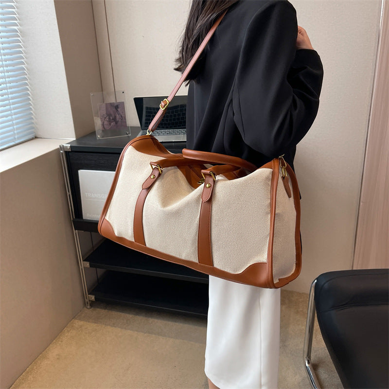 Brown Contrast Color Women's Travel Bag - Canvas & PU Leather Trim Luggage (32x21x14cm)