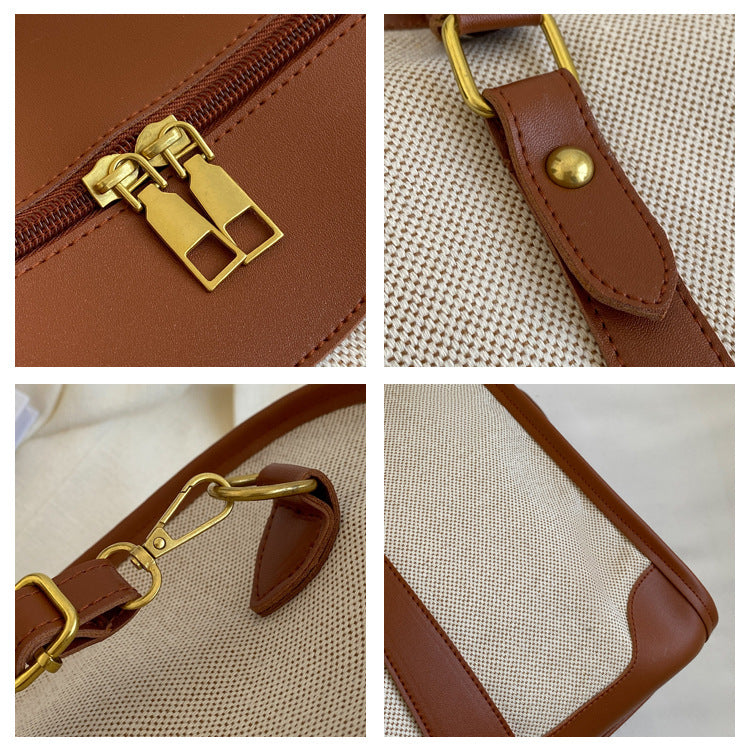 Brown Contrast Color Women's Travel Bag - Canvas & PU Leather Trim Luggage (32x21x14cm)
