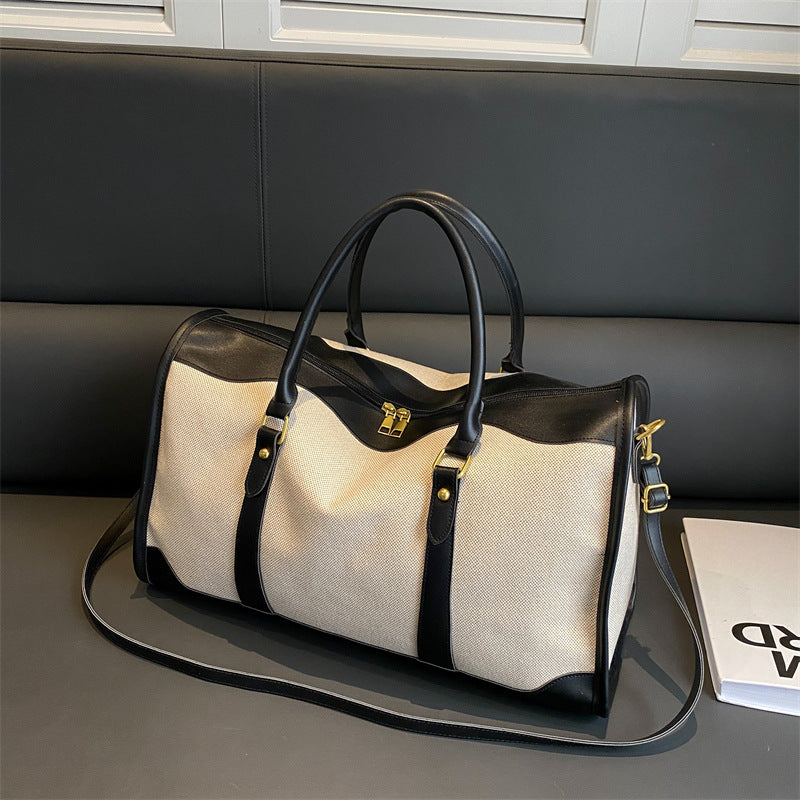 Black Contrast Color Women's Travel Bag - Canvas & PU Leather Trim Luggage (43x27x19cm)