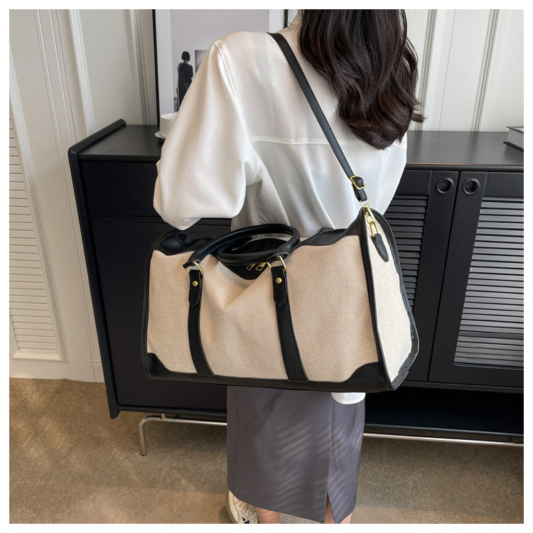 Black Contrast Color Women's Travel Bag - Canvas & PU Leather Trim Luggage (43x27x19cm)
