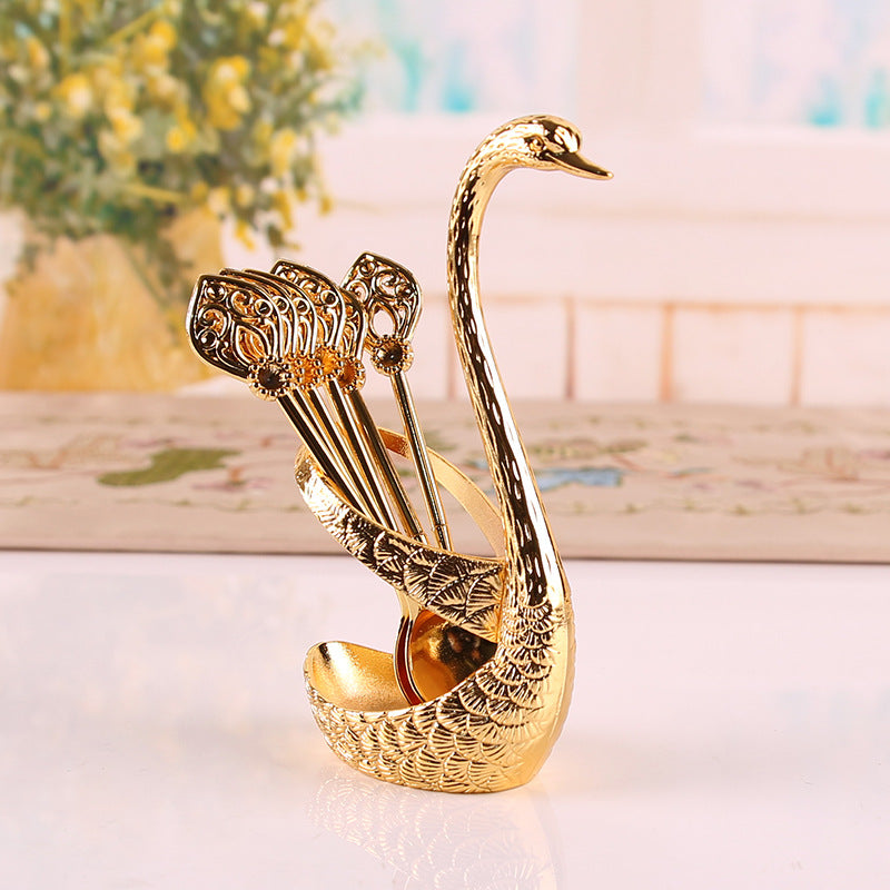 Gold Elegant Swan Cutlery Holder Set with 6 Dessert Spoons