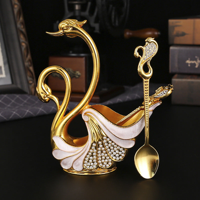 Gold Elegant Double Swan Cutlery Holder Set with 6pcs Spoons