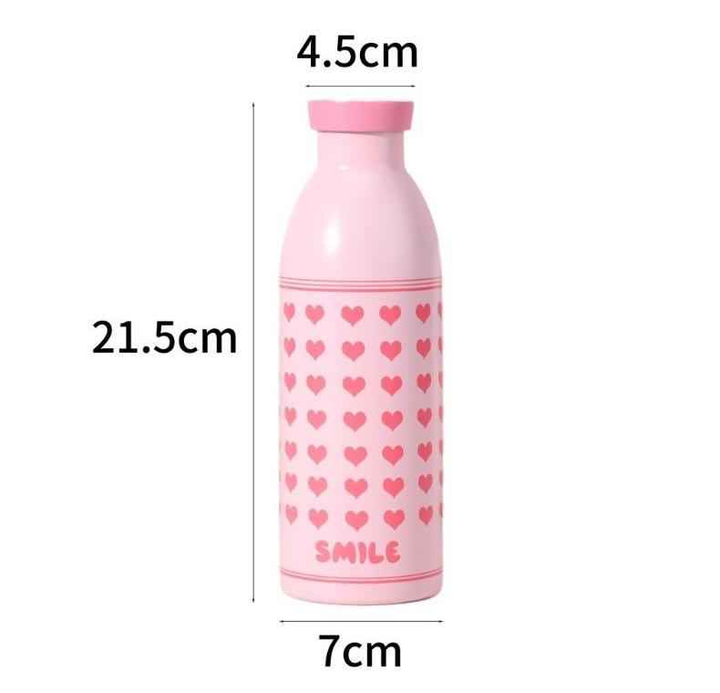 Cute Milk Bottle Thermos - 500ml Stainless Steel Insulated Water Bottle (Pink love heart)