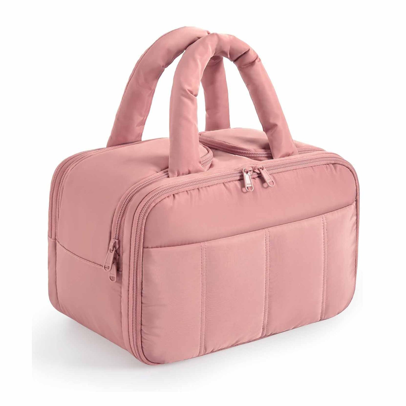 Peach Puffy Travel Wash Bag with Wide-Mouth Access and Wet-Dry Pockets