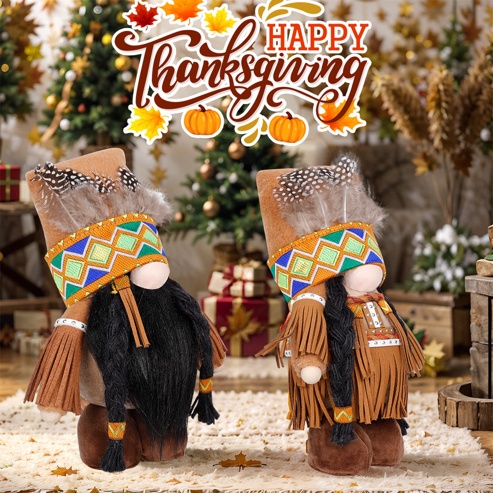 Plush Thanksgiving Dolls - Faceless Figures with Fringe & Braids (Set of 2)