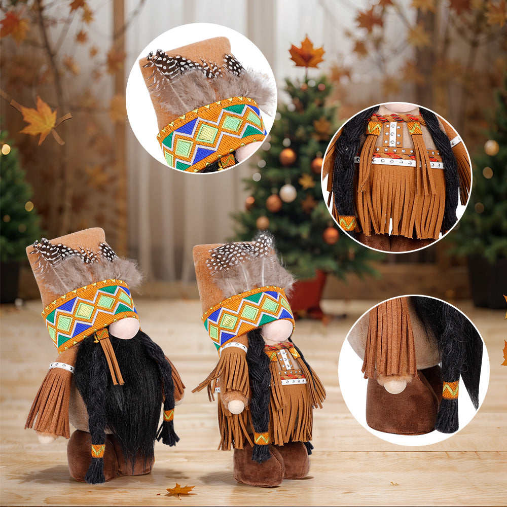 Handmade Thanksgiving Doll Set - Girl Figures with Feather Headbands